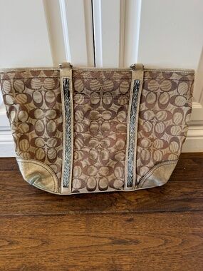 Coach Signature Canvas Tote Bag with Metallic Leather Trim